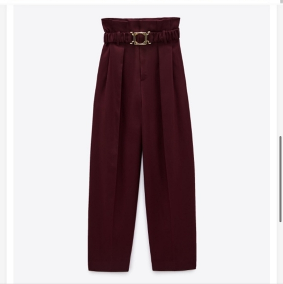 Zara Burgundy High Waist Paperbag Pants - Picture 2 of 6